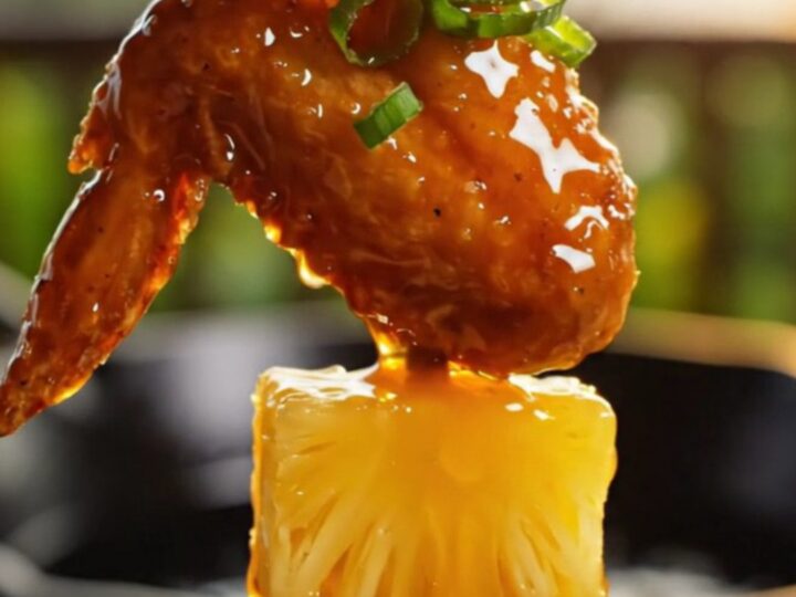 Sticky teriyaki pineapple wings glistening with a golden glaze, garnished with sesame seeds and green onion curls.