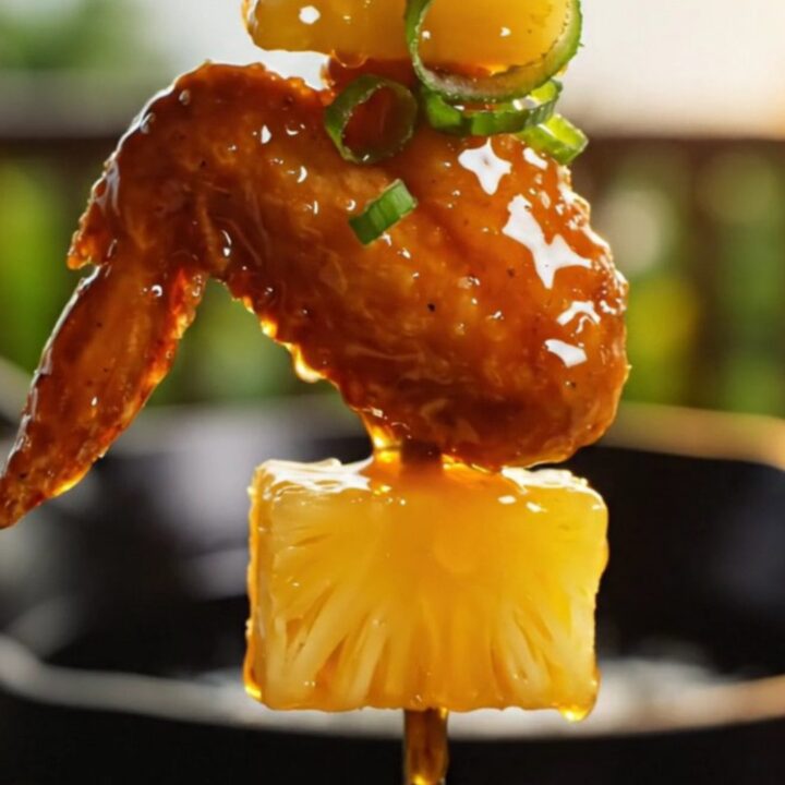 Sticky teriyaki pineapple wings glistening with a golden glaze, garnished with sesame seeds and green onion curls.