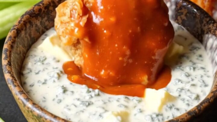 A close-up of crispy double-fried chicken wings coated in vibrant orange buffalo sauce with blue cheese crumbles.