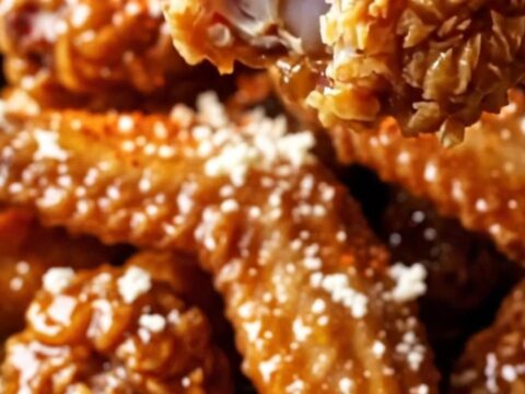 Sticky tamarind-glazed chicken wings piled high on a rustic plate, dusted with vibrant red Tajin and white cotija cheese.