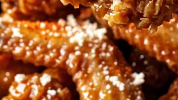 Sticky tamarind-glazed chicken wings piled high on a rustic plate, dusted with vibrant red Tajin and white cotija cheese.