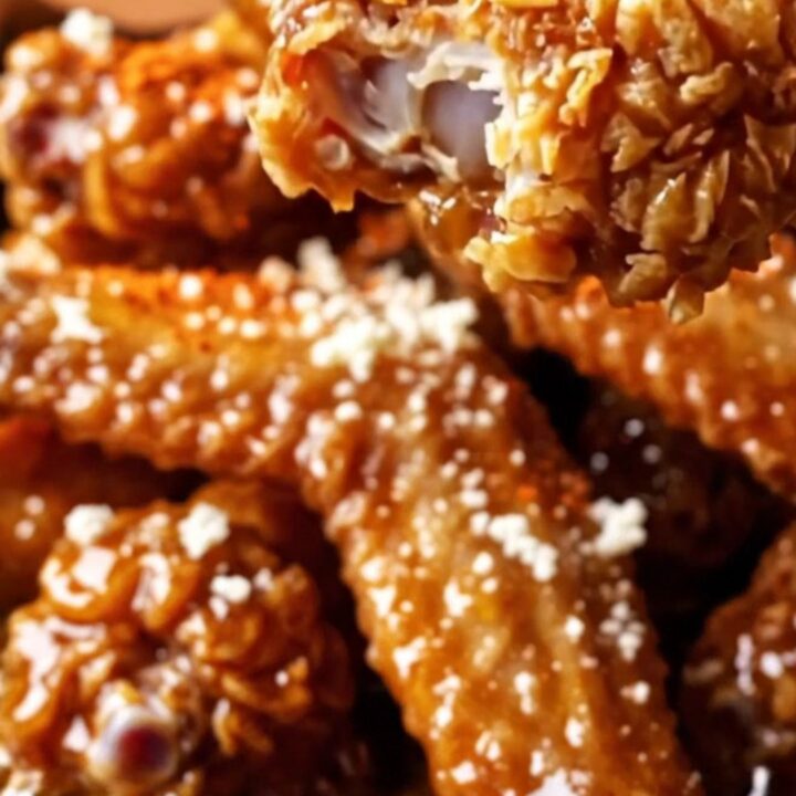 Sticky tamarind-glazed chicken wings piled high on a rustic plate, dusted with vibrant red Tajin and white cotija cheese.