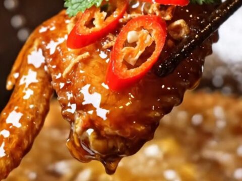 A close-up shot of crispy Vietnamese fish sauce caramel wings glistening with a sticky