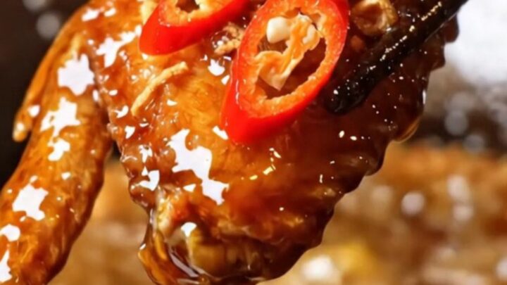 A close-up shot of crispy Vietnamese fish sauce caramel wings glistening with a sticky