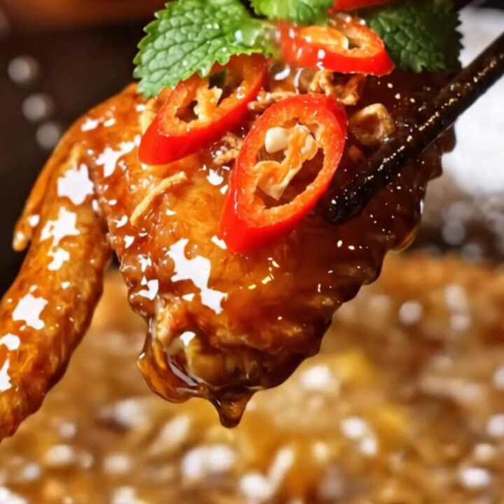 A close-up shot of crispy Vietnamese fish sauce caramel wings glistening with a sticky