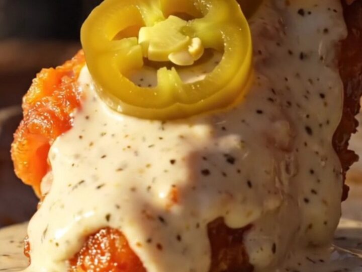 A close-up of crispy, golden-brown chicken wings coated in a creamy, peppery Alabama white sauce on a rustic platter.