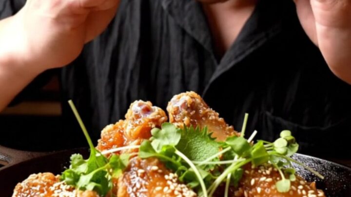 Crispy chicken wings glazed in a dark, glossy black garlic miso butter sauce, garnished with sesame seeds.