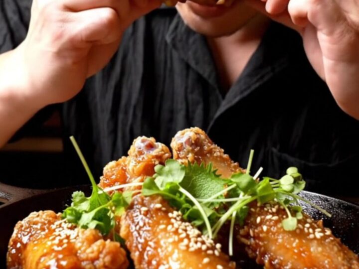 Crispy chicken wings glazed in a dark, glossy black garlic miso butter sauce, garnished with sesame seeds.