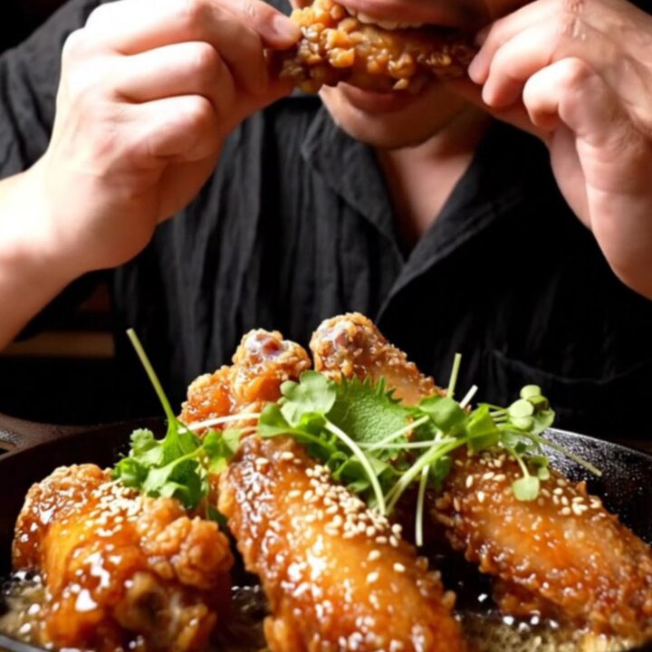 Crispy chicken wings glazed in a dark, glossy black garlic miso butter sauce, garnished with sesame seeds.