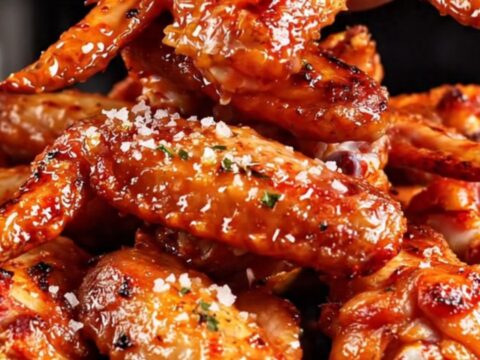 Close-up of crispy Peri-Peri chicken wings with a vibrant red glaze and charred lemon slices on a dark platter.