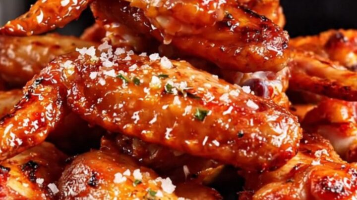 Close-up of crispy Peri-Peri chicken wings with a vibrant red glaze and charred lemon slices on a dark platter.