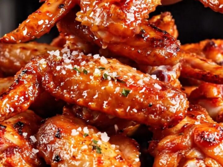Close-up of crispy Peri-Peri chicken wings with a vibrant red glaze and charred lemon slices on a dark platter.
