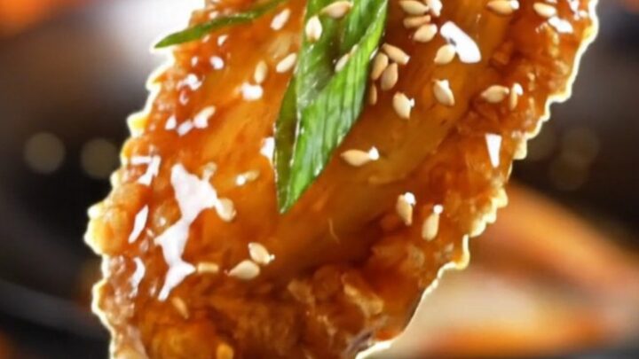 Crispy General Tso's chicken wings coated in a glossy dark glaze and topped with sesame seeds.