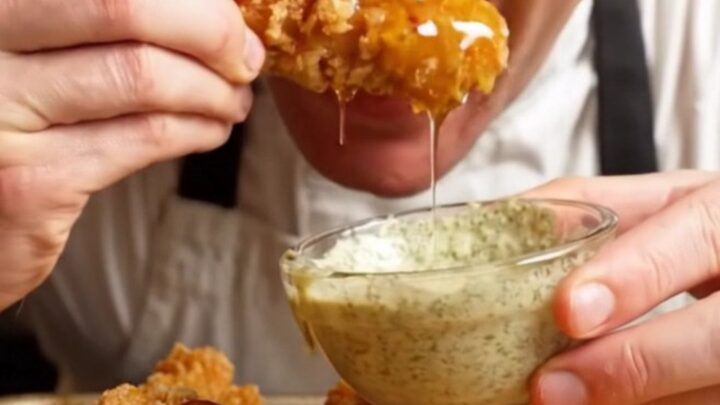 Extreme close-up of a golden cornflake-crusted chicken tender being broken in half to reveal juicy meat.