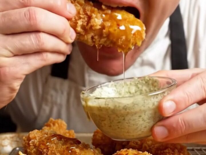 Extreme close-up of a golden cornflake-crusted chicken tender being broken in half to reveal juicy meat.