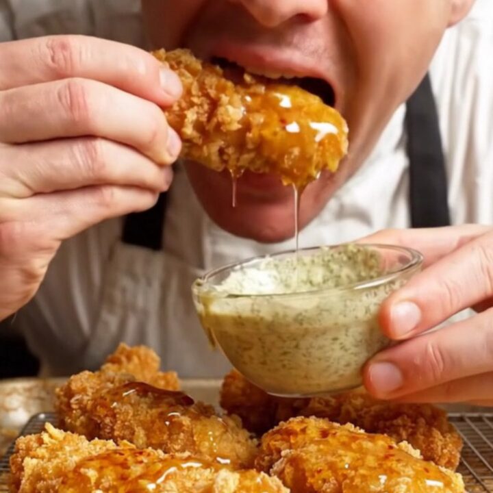 Extreme close-up of a golden cornflake-crusted chicken tender being broken in half to reveal juicy meat.