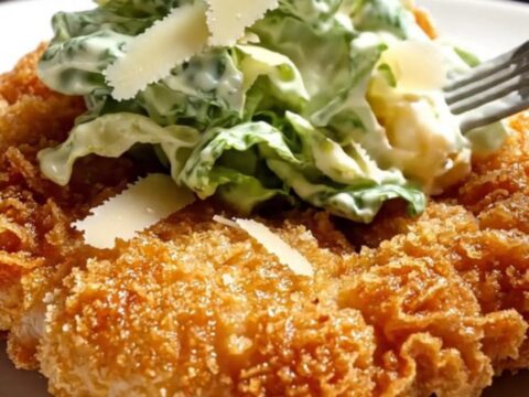 A crispy golden parmesan-crusted chicken cutlet topped with a vibrant green Caesar salad on a white plate.