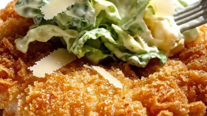 A crispy golden parmesan-crusted chicken cutlet topped with a vibrant green Caesar salad on a white plate.