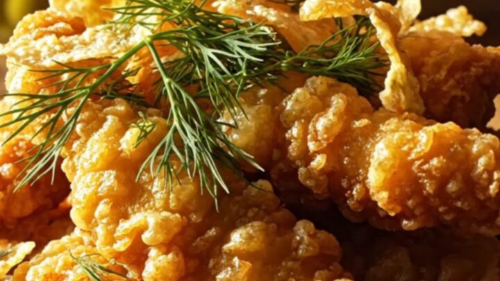 Golden-brown, crispy chicken tenders served on a rustic plate, garnished with fresh dill and fried pickle chips.