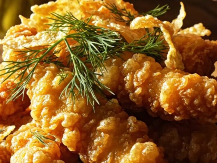 Golden-brown, crispy chicken tenders served on a rustic plate, garnished with fresh dill and fried pickle chips.