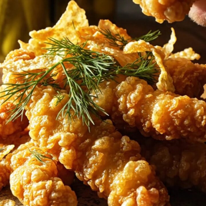 Golden-brown, crispy chicken tenders served on a rustic plate, garnished with fresh dill and fried pickle chips.