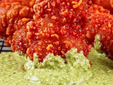 A close-up of crispy, red-crusted chicken strips on a wire rack, next to a bowl of creamy green jalapeño ranch.