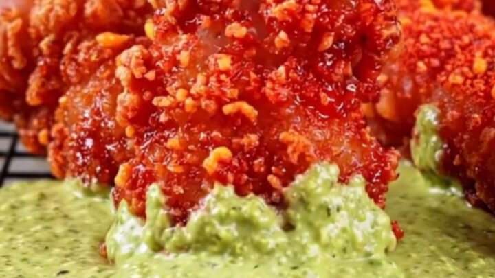 A close-up of crispy, red-crusted chicken strips on a wire rack, next to a bowl of creamy green jalapeño ranch.