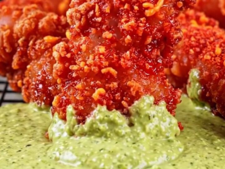 A close-up of crispy, red-crusted chicken strips on a wire rack, next to a bowl of creamy green jalapeño ranch.