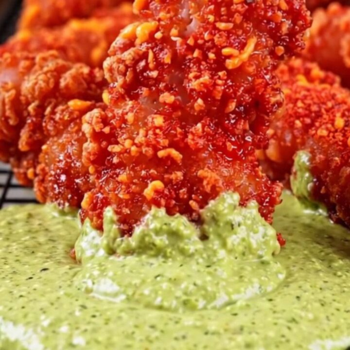 A close-up of crispy, red-crusted chicken strips on a wire rack, next to a bowl of creamy green jalapeño ranch.
