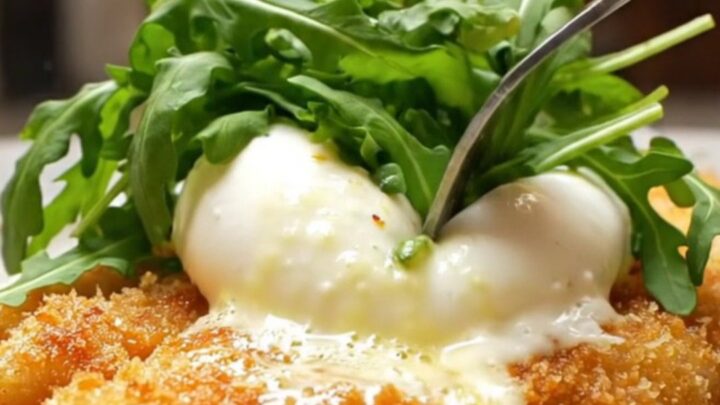 A crispy, golden-brown chicken Milanese cutlet topped with a creamy, torn burrata ball and fresh baby arugula.
