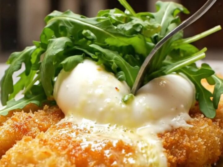 A crispy, golden-brown chicken Milanese cutlet topped with a creamy, torn burrata ball and fresh baby arugula.