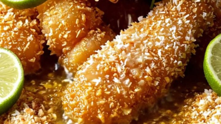 Crispy golden coconut chicken tenders served with a side of glossy mango sweet chili sauce on a tropical-themed plate.