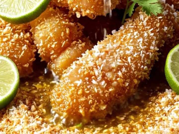 Crispy golden coconut chicken tenders served with a side of glossy mango sweet chili sauce on a tropical-themed plate.