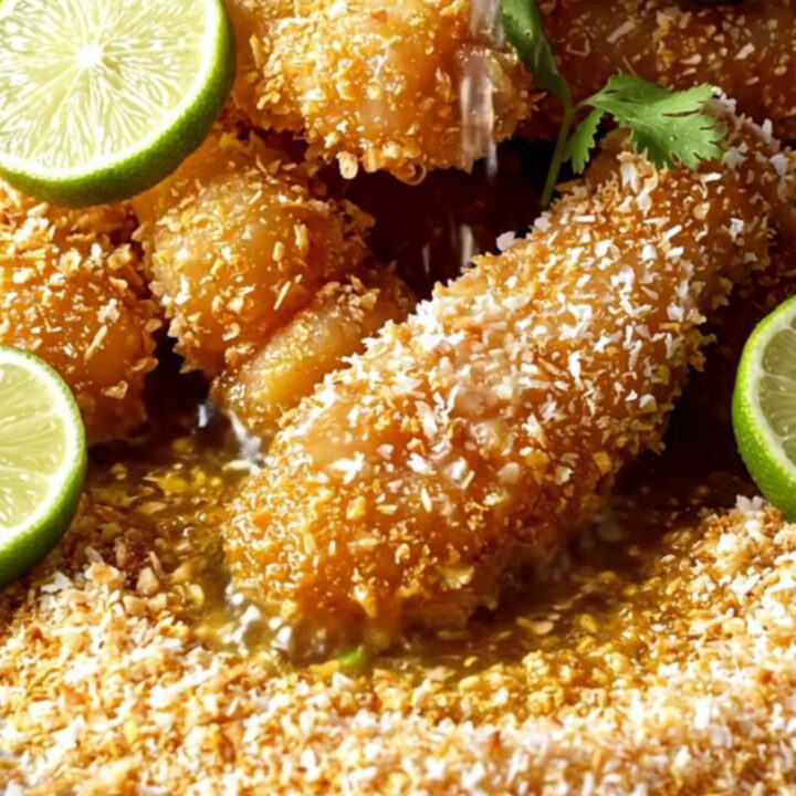 Crispy golden coconut chicken tenders served with a side of glossy mango sweet chili sauce on a tropical-themed plate.