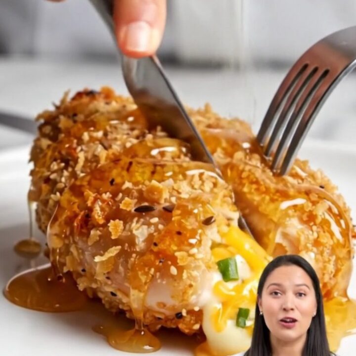 A golden-brown everything bagel crusted chicken breast sliced open to show a creamy cheese center.
