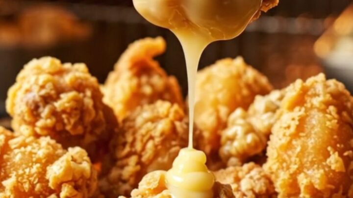A macro close-up of golden crispy chicken bites tossed in a glossy honey glaze with walnuts.