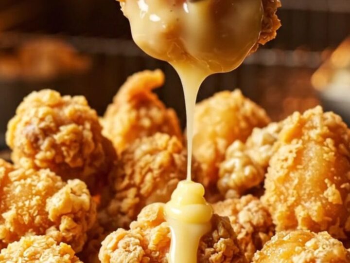 A macro close-up of golden crispy chicken bites tossed in a glossy honey glaze with walnuts.