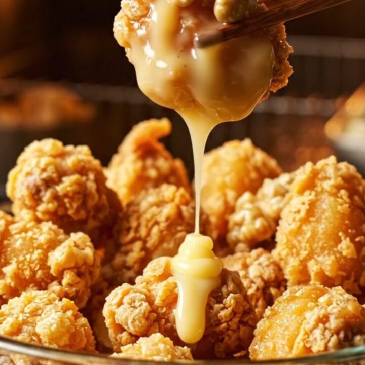 A macro close-up of golden crispy chicken bites tossed in a glossy honey glaze with walnuts.