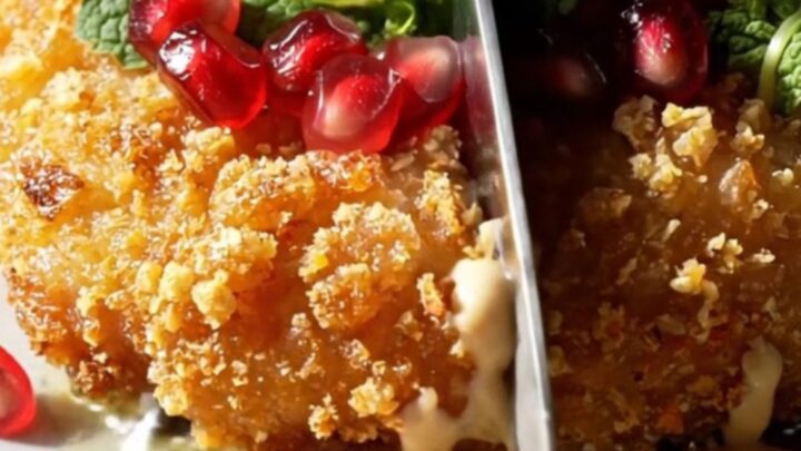 A crispy golden-brown za'atar chicken cutlet drizzled with white garlic tahini and topped with red pomegranate seeds.