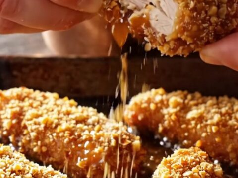 A close-up of crispy pecan-crusted chicken tenders drizzled with a glossy maple Dijon glaze on a rustic plate.