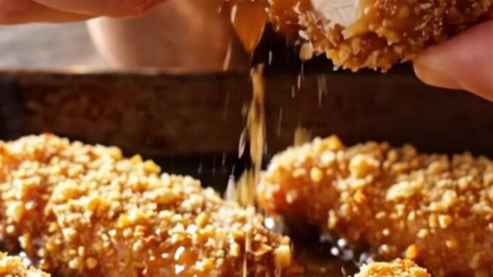A close-up of crispy pecan-crusted chicken tenders drizzled with a glossy maple Dijon glaze on a rustic plate.