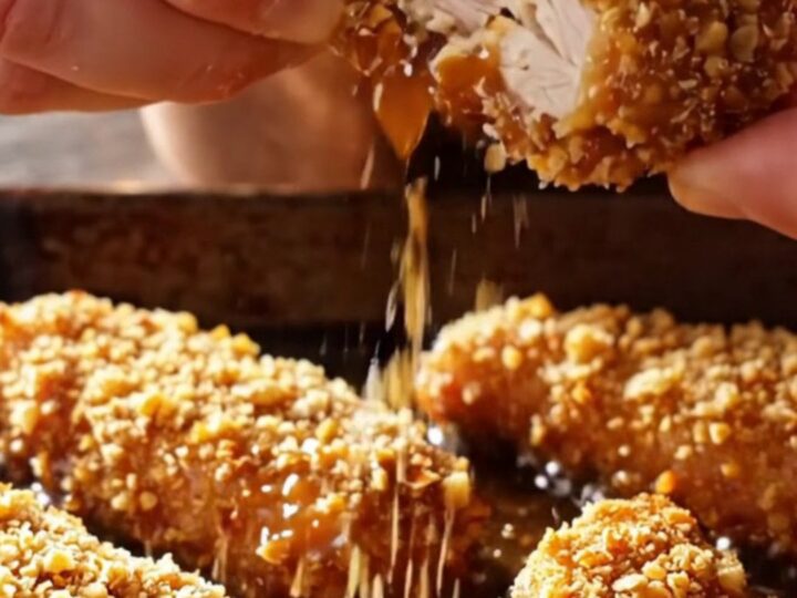 A close-up of crispy pecan-crusted chicken tenders drizzled with a glossy maple Dijon glaze on a rustic plate.