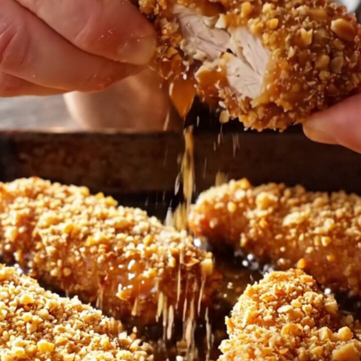 A close-up of crispy pecan-crusted chicken tenders drizzled with a glossy maple Dijon glaze on a rustic plate.