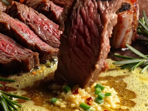 A thick, perfectly seared Tomahawk ribeye steak resting on a wooden board, glistening with herb-infused cowboy butter.