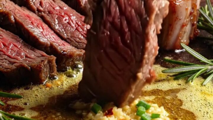 A thick, perfectly seared Tomahawk ribeye steak resting on a wooden board, glistening with herb-infused cowboy butter.