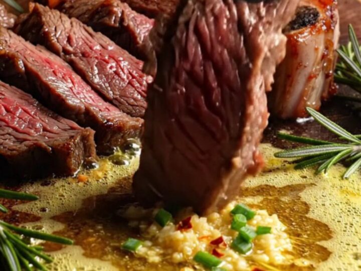 A thick, perfectly seared Tomahawk ribeye steak resting on a wooden board, glistening with herb-infused cowboy butter.