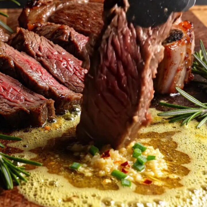 A thick, perfectly seared Tomahawk ribeye steak resting on a wooden board, glistening with herb-infused cowboy butter.