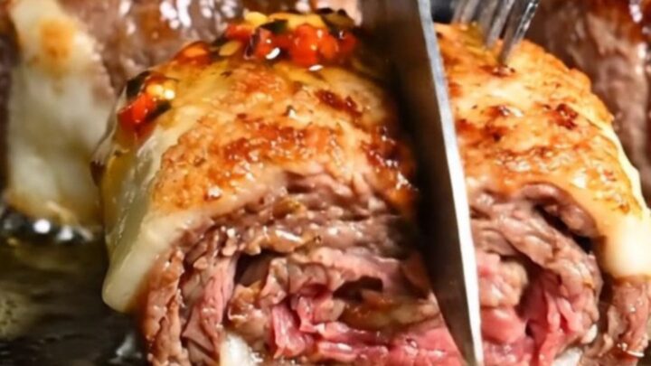 A close-up of a perfectly seared flank steak pinwheel with visible layers of melted provolone and roasted peppers.