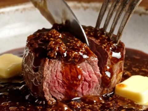 Filet mignon medallions topped with jammy figs and a dark, glossy balsamic reduction in a copper skillet.