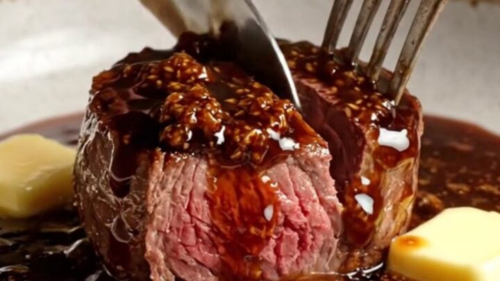 Filet mignon medallions topped with jammy figs and a dark, glossy balsamic reduction in a copper skillet.